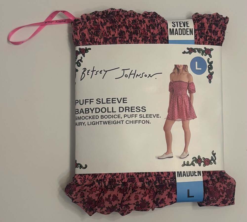Betsey Johnson Steve Madden Puff Sleeve Babydoll Dress Pink Floral Smocked Mini